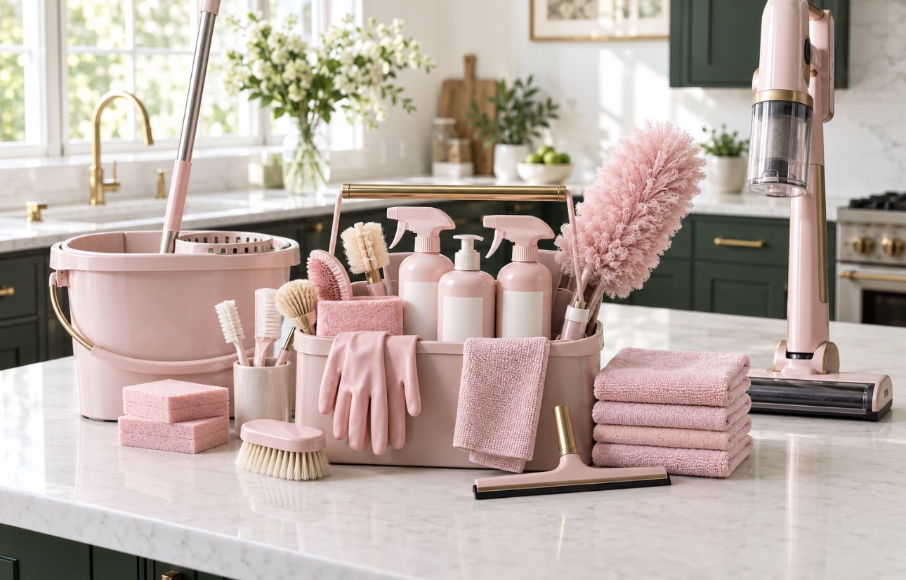 Cleaning supplies organized by New Creation Cleaning Co.
